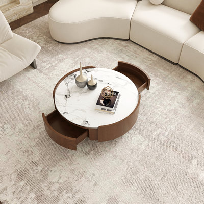 Table basse de 36,31 po avec plateau en pierre et tiroirs de rangement, table basse en bois pour le salon