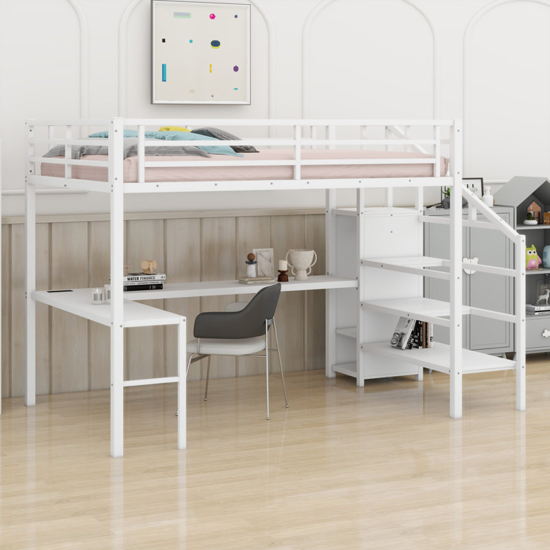 Loft Bed With L-Shaped Desk And USB, Wardrobe And Adjustable Shelf And LED, Queen