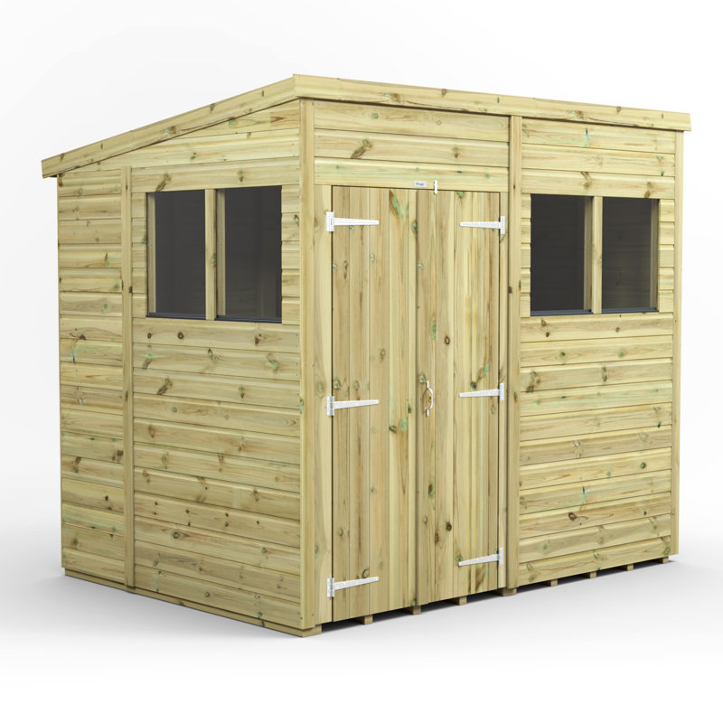 Powersheds 8 x 6ft Premium Pressure Treated Timber Pent Garden Shed, Double Doors
