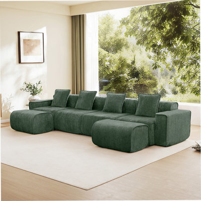Boneless Streamlined Design Modular 3 Seat U Shape Sectional Sofa With French Edge Piping, No Assembly Required,3-Seat Sofa Couch With Throw Pillows And 2 Movable Ottomans, Velvet Fabric Light Camel