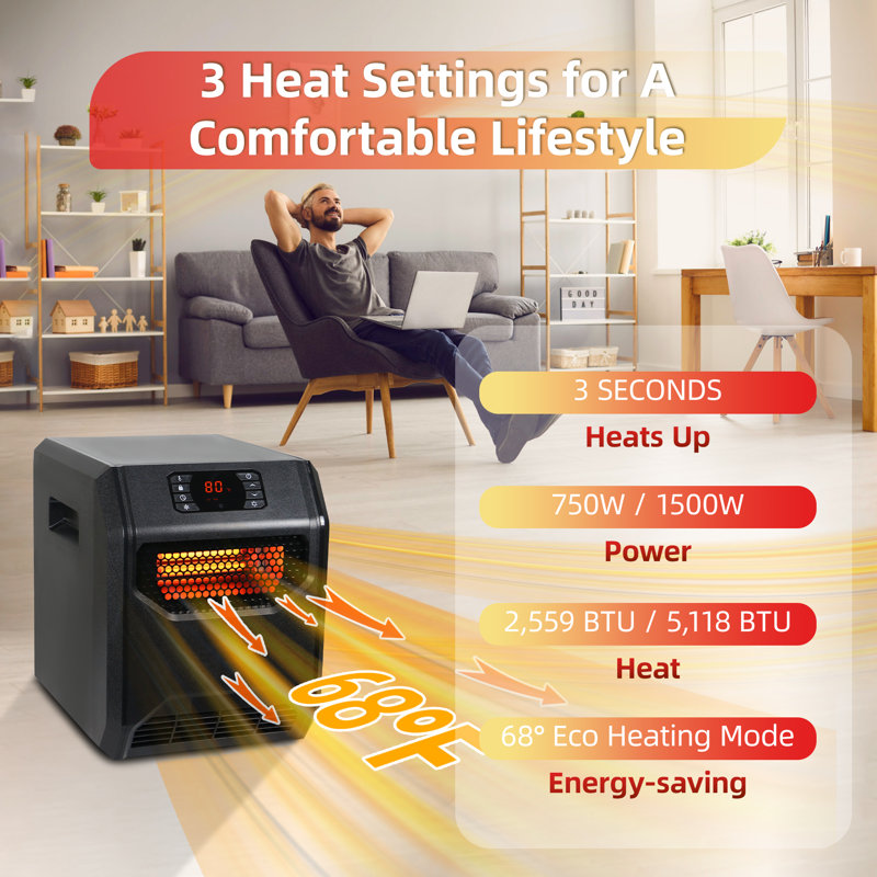 Electric Infrared Heater 750W 1500W 4-Element Infrared Space Heater, Remote Control and Timer