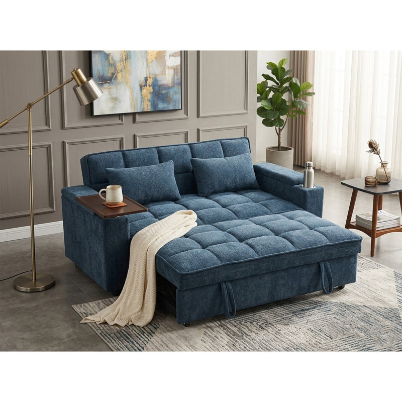 68.5'' Folding Convertible Sofa Bed,Small Pull Out Sofa with 90° Swivel Side Table &  Side USB Port, Blue