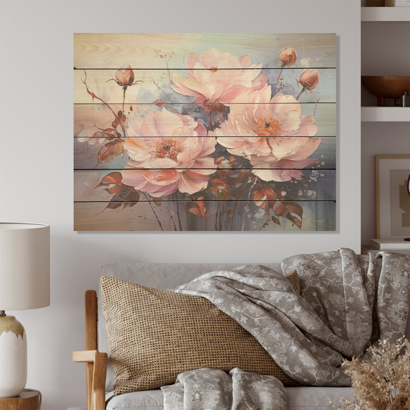 Beige, roses roses, Burgeon I - champ de fleurs, art mural sur bois de pin naturel, H 30 po x l 40 po