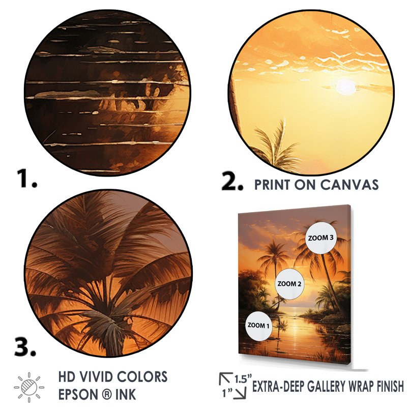 Palmier, escapade tropicale, coucher de soleil sur une plage de bronze sur toile, Cadre blanc, H 32 po x l 16 po x P 1 po