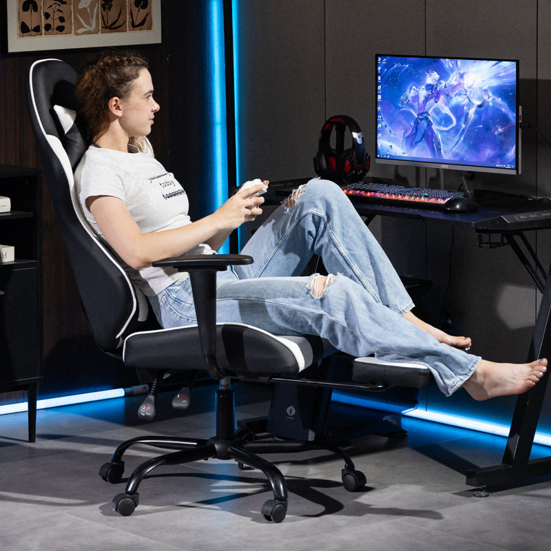 Reclining Gaming Chair with Footrest & Massage Lumbar Support, Ergonomic High-Back Racing Office Chair, PU Leather Computer Desk Chair with Head Pillow for Adults,