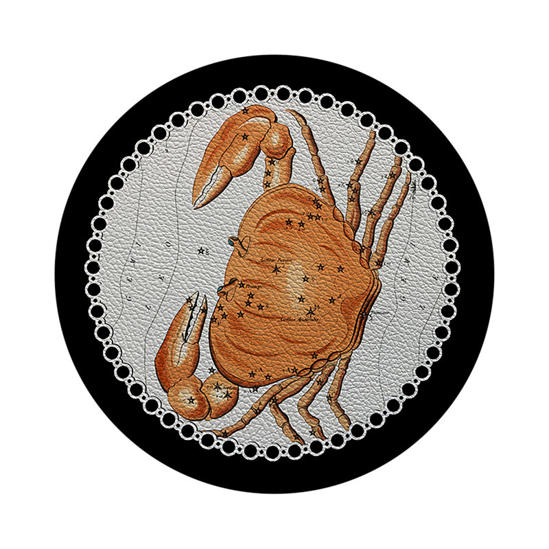 Zodiac Cancer White Vegan Leather Round Coasters, Black