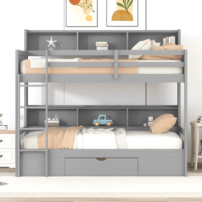 Lit superposé simple avec tablettes intégrées à côté du lit supérieur et inférieur et du tiroir de rangement, gris