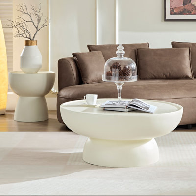 Fiberglass cream coffee table set of 2: matte white round and irregular center tables for living room - no assembly required