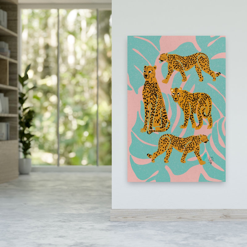 Tropical Cheetah Parade Colorful Playful Contemporary Cat Lion Tiger Nature Tropical Wall Art Print 1 Piece Wrapped Canvas Wall Art
