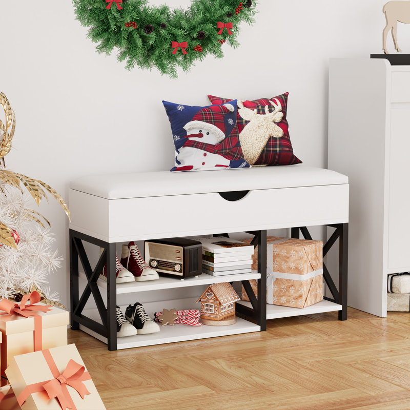 Kevonda Shoe Storage Bench, Entryway Shoe Cabinet with Cushion, White/Black