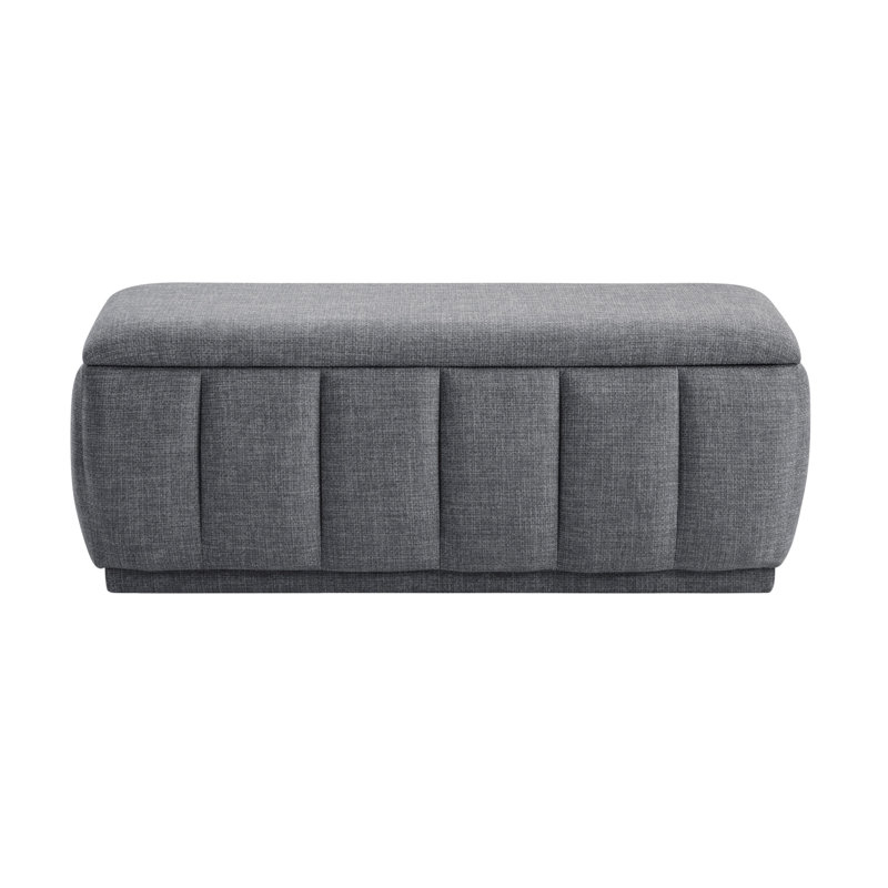 Banc de rangement texturé gris avec cadre intérieur en contreplaqué, coussin et tissu en mousse douce encadrés