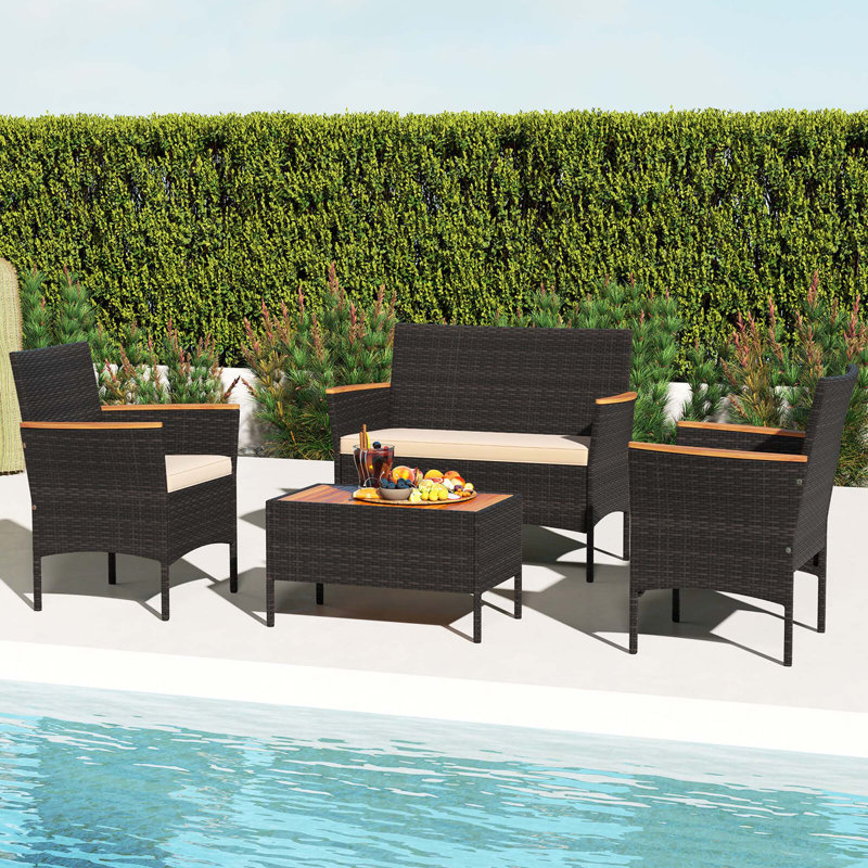 4 Pcs Patio Wicker Sofa Set With Coffee Table Acacia Wood Armrests & Tabletop