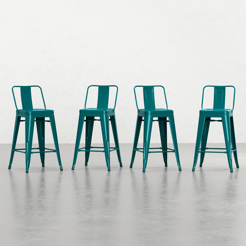 4 4 tabourets de comptoir en métal 24 po - look industriel avec croisillon bleu sarcelle - hauteur 24 po - bleu, style moderne, dossier incurvé pour plus de facilité, repose-pieds relaxant, conception stable