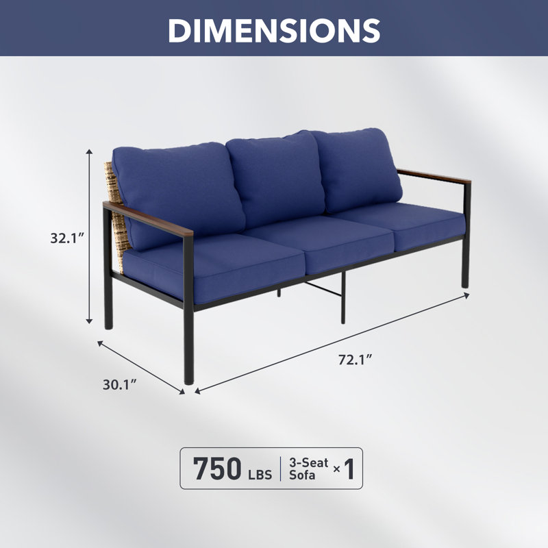 Canapé d'extérieur en métal avec coussins, Bleu