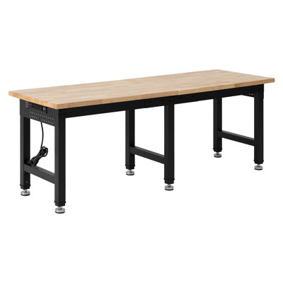 Établi réglable, capacité de 5000 lb, poste de travail à plateau en bois de chêne de 72 po x 24 po avec 4 prises de courant alternatif et 2 ports USB, table de travail en bois franc robuste pour garage, atelier, maison, bureau, commercial