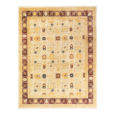Tapis unique ivoire / rouge / jaune noué à la main 8 pi 2 po x 10 pi 7 po Hayner