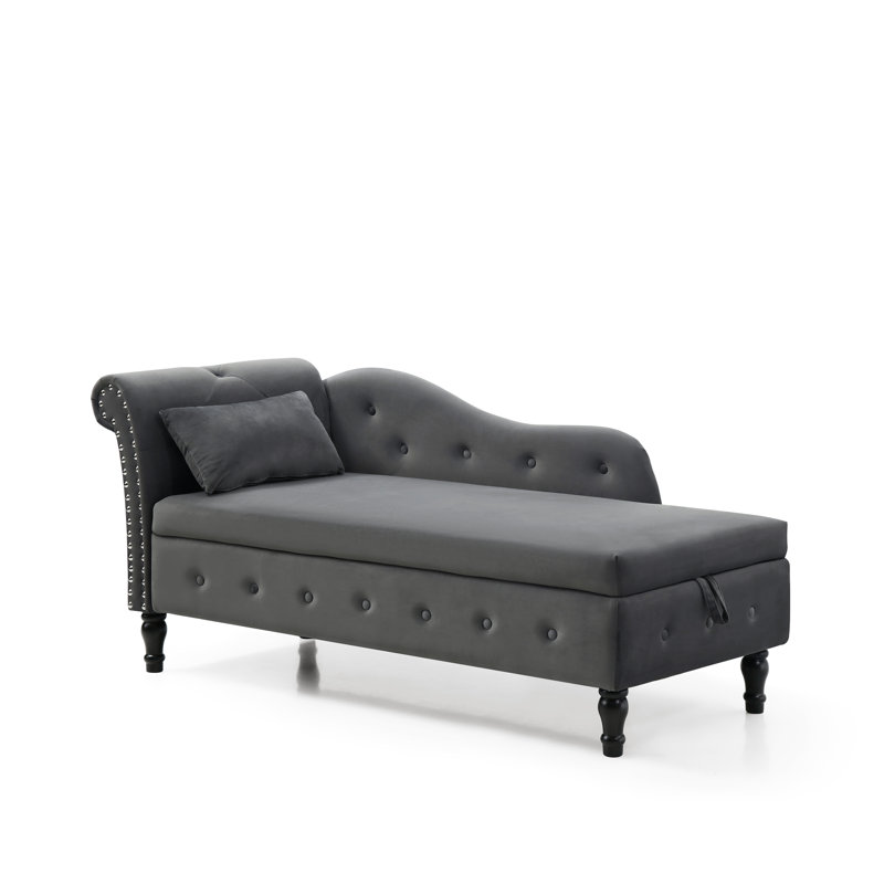 Chaise longue en velours gris avec pieds en bois massif et rangement spacieux, Gris