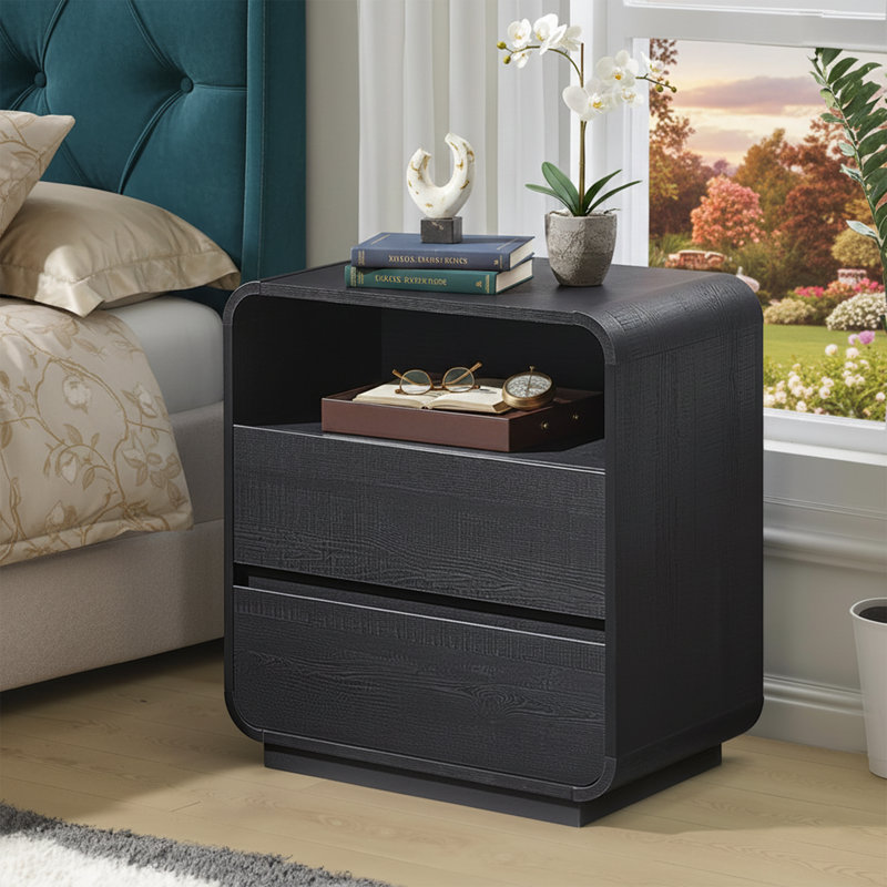 25" H Modern Nightstand with Charging Station, 2-Drawer Wood End Table with Curved Design, Black, Black
