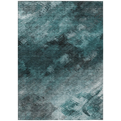 3' X 5' Teal Blue Aqua And Gray Abstract Washable Indoor Outdoor Area Rug
