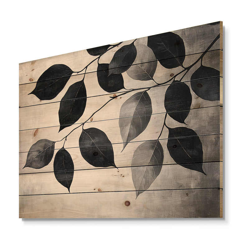 Feuille noire ombre silhouette IV - feuilles, décoration murale en bois - sur bois de pin naturel, H 10 po x l 20 po