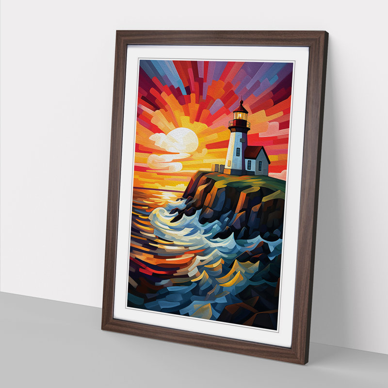 XYZ-FRM-V1223-4188 Lighthouse Cubism - Single Picture Frame Print on Wood, 64cm H x 46cm W x 2cm D, Walnut