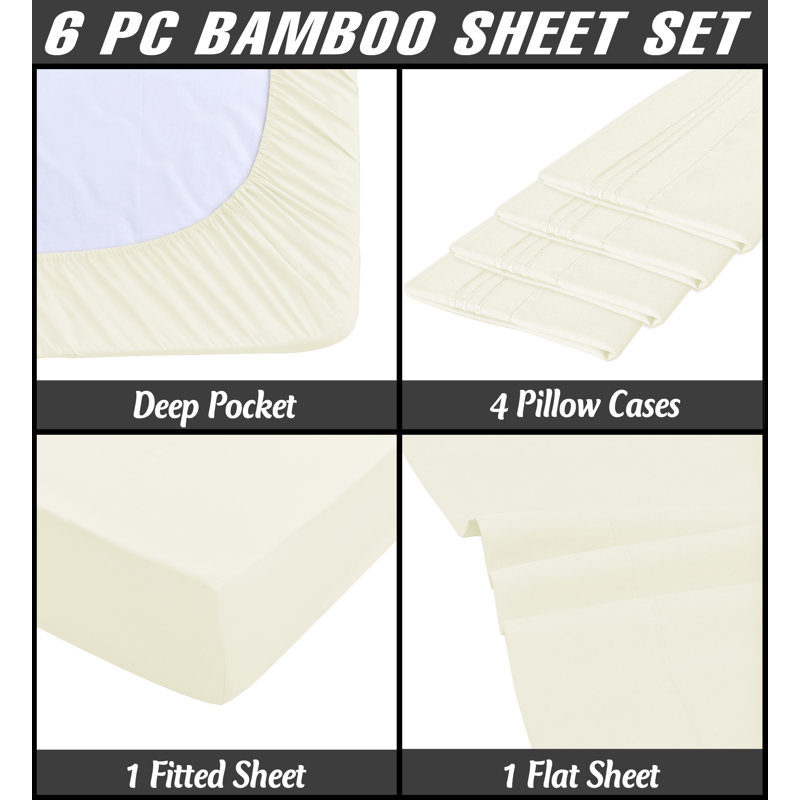 Premium Rayon From Bamboo 6 Pc Sheet Set With Deep Pockets, Cooling, Cal.King Sheet Set with 4 Pillowcase, Ivory