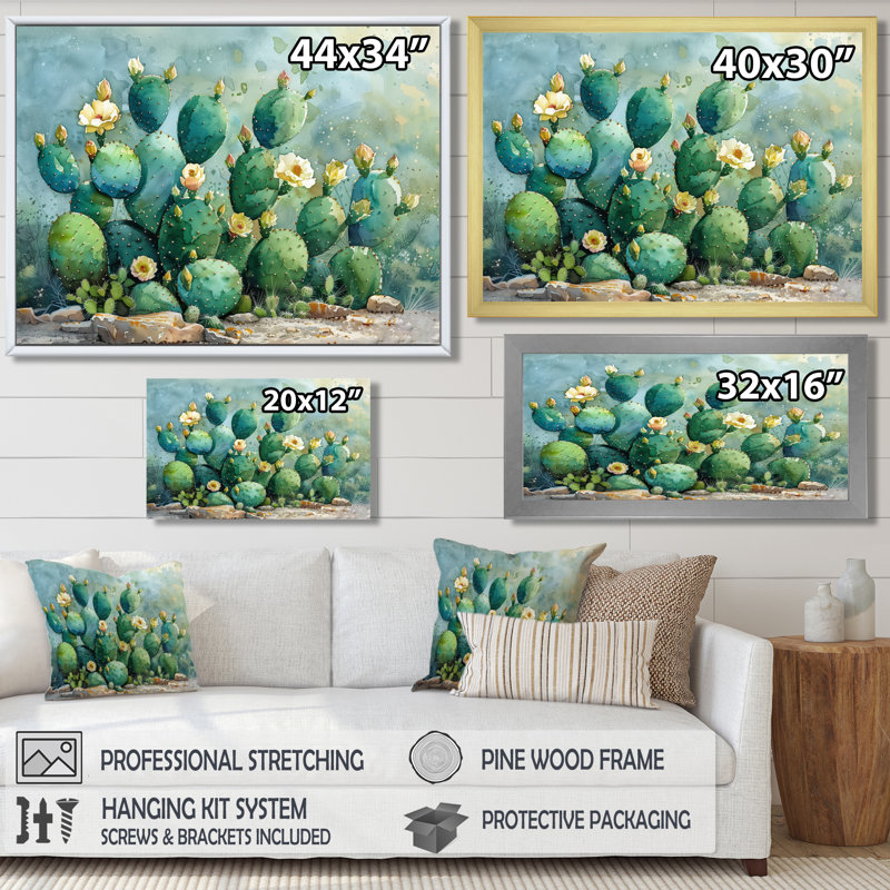 Vert, jaune, désert, jardin de cactus III - art mural floral cactus, Toile tendue, H 30 po x l 40 po x P 1,5 po