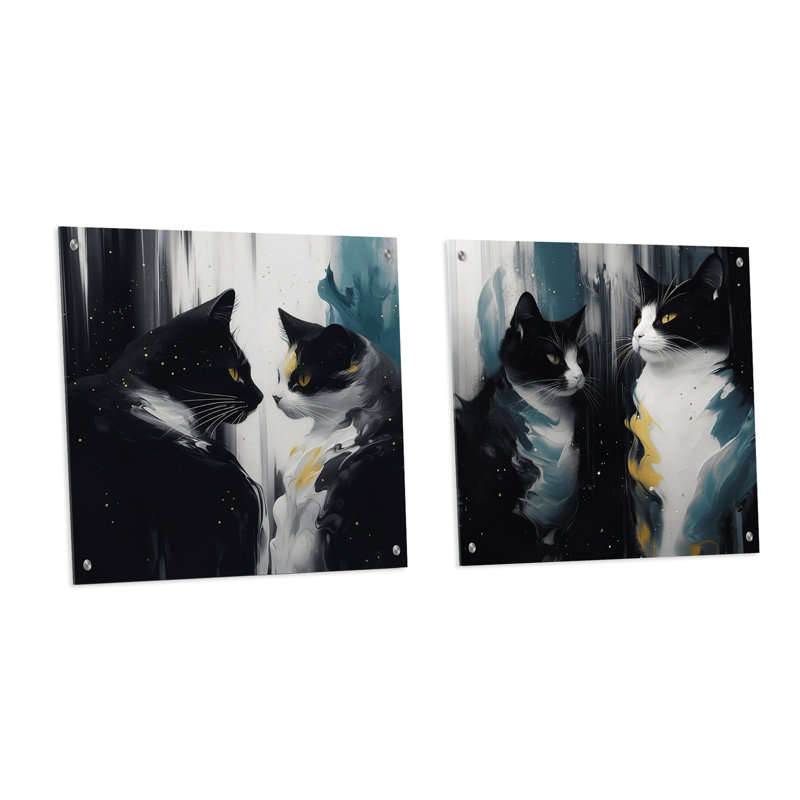«White and Black Captivating Cats I - Chat chatons», ensemble de 2 peintures murales en acrylique, H 16 po x l 33 po