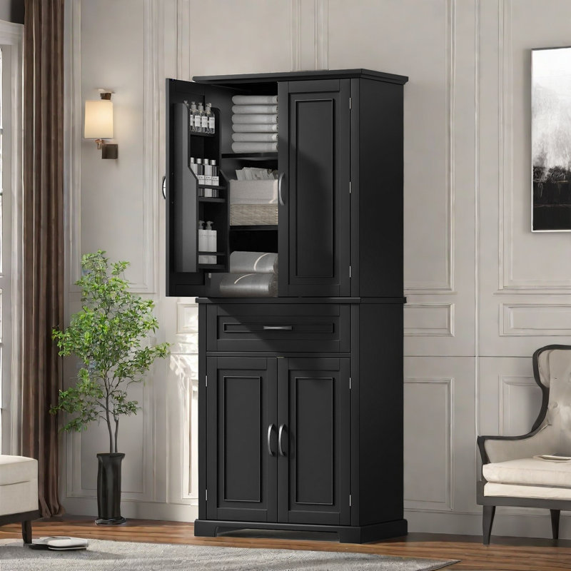 4 - Door Freestanding Bathroom Storage Cabinet With Drawers And Adjustable Shelves, Black