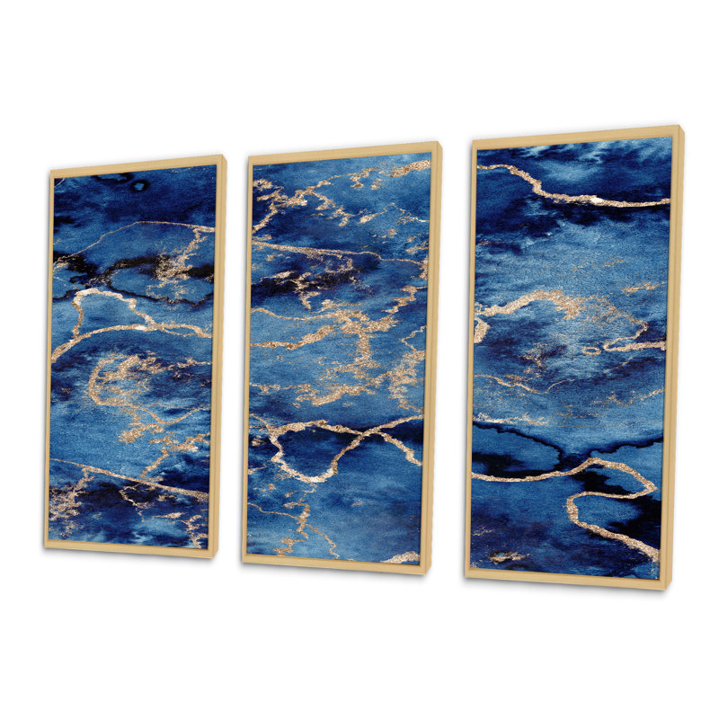 «Blue Gold Infuse liquid Art I», reproduction sur toile flottante 3 pièces, H 32 po x l 48 po x P 1 po, Cadre brun