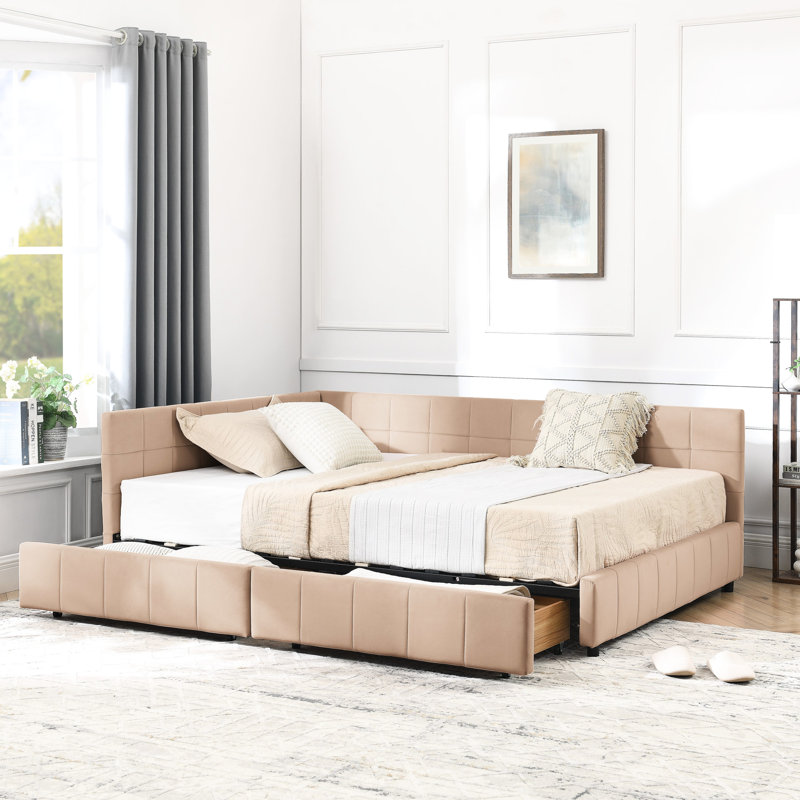 Comfortable Full Daybed With Velvet Cover And Arm Support - Pink Bed Frame For Bedroom Lounge Size Living Room, Pink