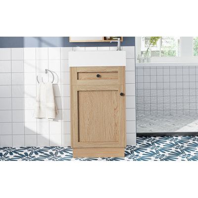 Meuble-lavabo 18,5 po avec lavabo réversible en résine, armoire en panneau de fibres à densité moyenne avec tablette réglable et poignées élégantes en alliage de zinc, finition en mélamine grain de bois, porte réversible, style rustique pour petits espaces