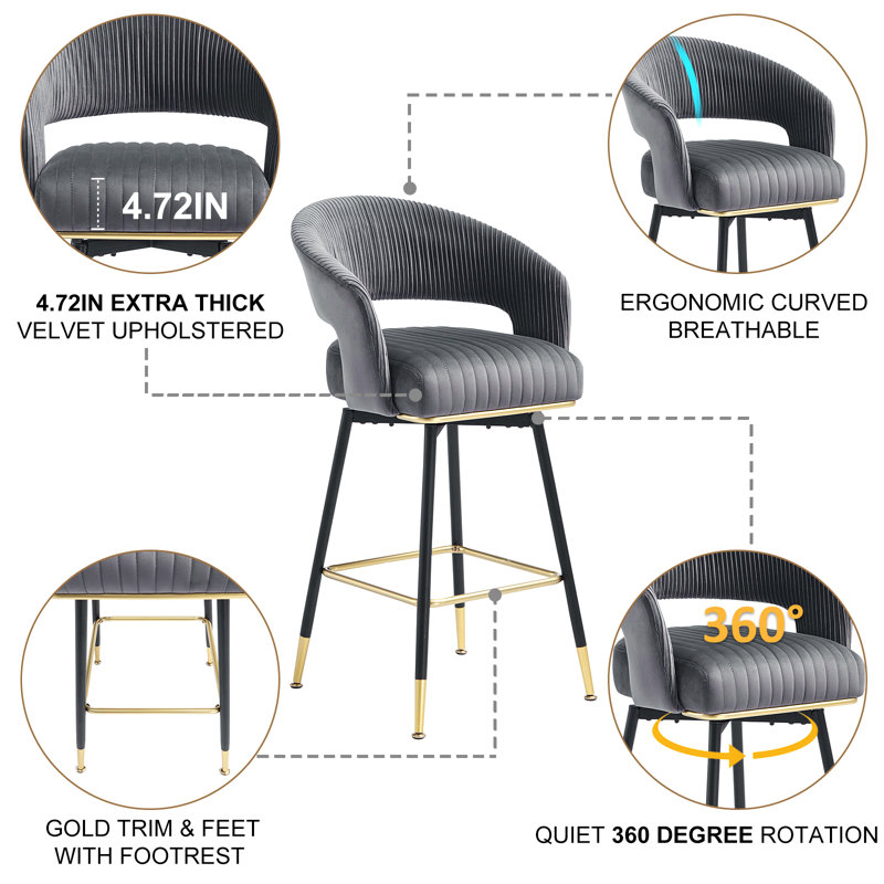 Roellig Swivel Upholstered Bar Stool with Metal Frame, Gray