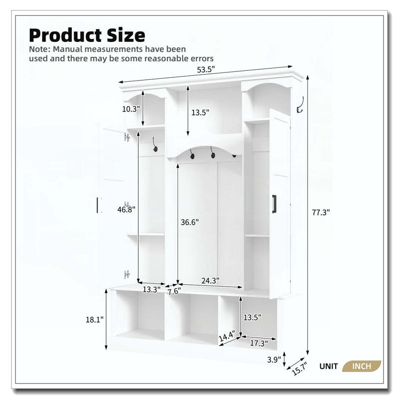 Modern All-in-One Hall Tree with Adjustable Shelves, Classic Arched Farmhouse Storage Bench with Dual Side Cabinets, White
