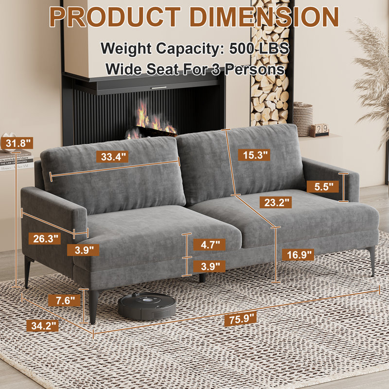 Canapé-causeuse avec repose-tête ajustable Petit canapé rembourré ergonomique à 3 places de 76 po avec coussins amovibles et structure en bois robuste pour la chambre à coucher, le bureau ou un appartement Gris