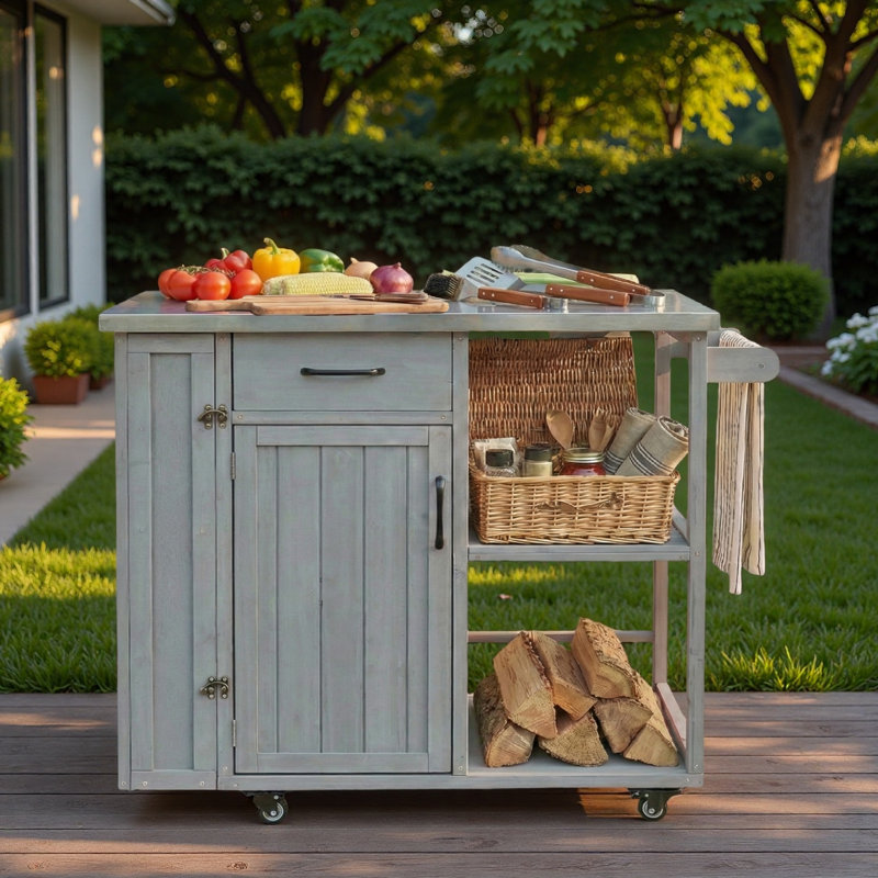 Îlot de cuisine extérieur avec plateau en acier inoxydable, serviette, étagères à épices, armoire, espace de rangement ouvert et tiroir