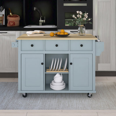 53.1" Rubber Wood Drop-Leaf Countertop Kitchen Cart With 5 Wheels With Storage Cabinet And 3 Drawers