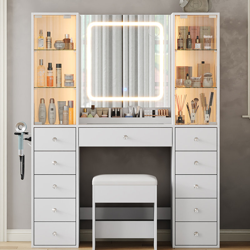 Dressing Table with LED Mirror, 11 Drawers, 2 Cabinets, Adjustable Shelf, Glass Top, Power Outlet, White