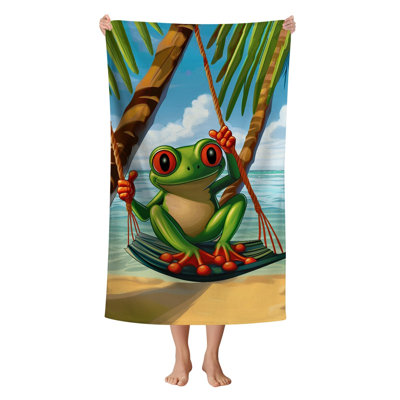 Microfiber Frog Beach Towel Oversized, Cute Green Frogs Swinging by The Sea Bath Towel for, Frog Gifts Quick Dry Absorbent Swim Pool Towels Beach Accessories, 50 x 60 in
