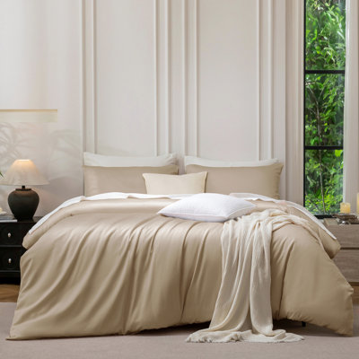 MooMee Duvet Cover Set Silky Sateen Look Luxury Sheen Zipper Closure & 8 Interior Ties 100% Long-Staple Cotton 600TC 