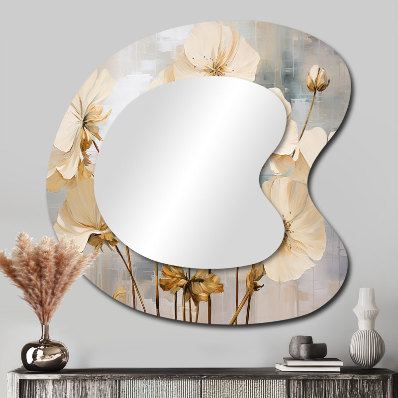 Miroir mural traditionnel irrégulier minimaliste avec géraniums beige et bleu, 33 po x 33 po