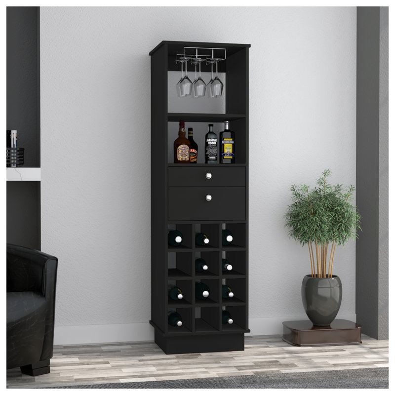 Armoire de bar 12 bouteilles Wenge avec 2 tiroirs et tablette ouverte, Brown