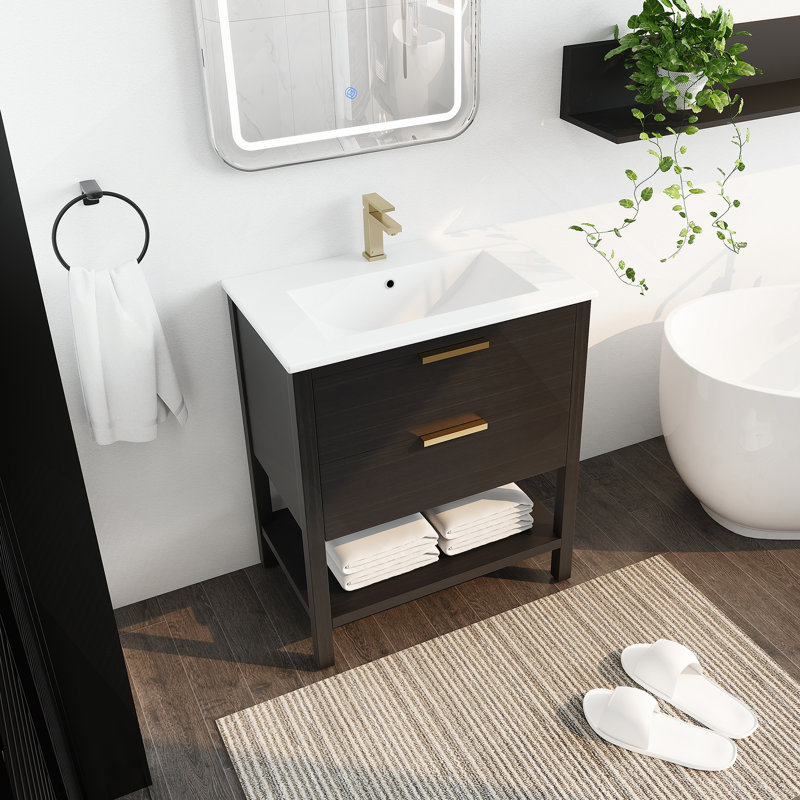 Meuble-lavabo de 30 po avec lavabo et 2 tiroirs à fermeture en douceur, poignée dorée-LPB01030BCTG-BL9075