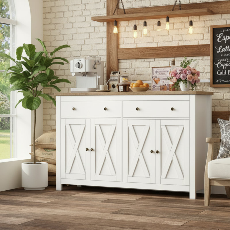 Buffet de cuisine blanc, 4 portes, 2 tiroirs, hauteur de tablette réglable., Blanc