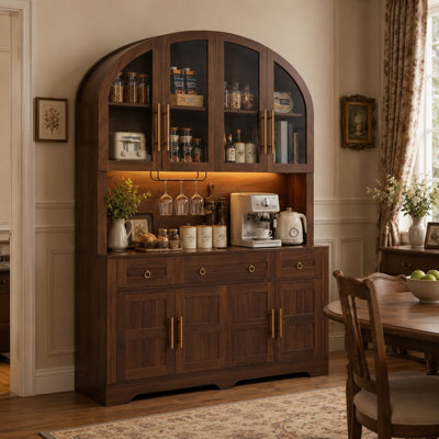 76" Tall Freestanding Kitchen Hutch & Coffee Bar Cabinet with Glass Doors