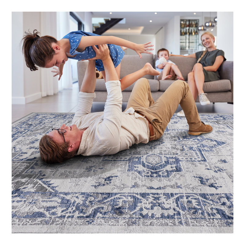 Tapis bleu / gris / oriental Collection, Rectangle 7 pi 9 po x 10 pi