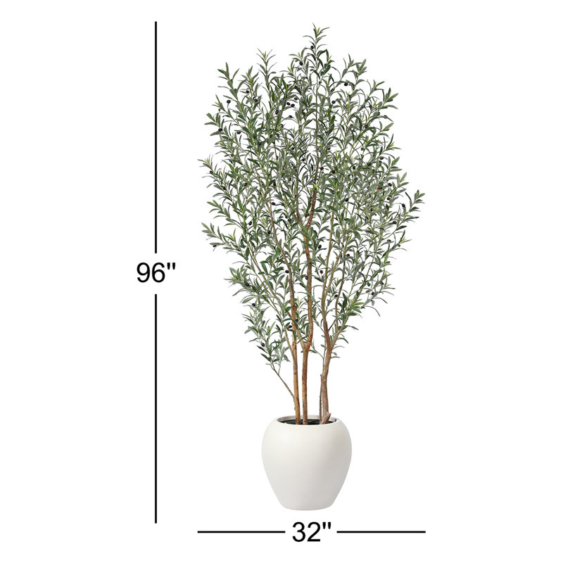 Olive artificielle de 8 pi avec grand pot de fleurs blanc George, faux olivier avec tronc naturel