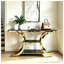 Console miroir de 160 cm avec cadre doré, meuble de rangement en verre à trois niveaux pour entrée, salon et couloir