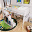 Lit mezzanine double à structure en bois avec deux commodes, bureau et bande lumineuse-133202616