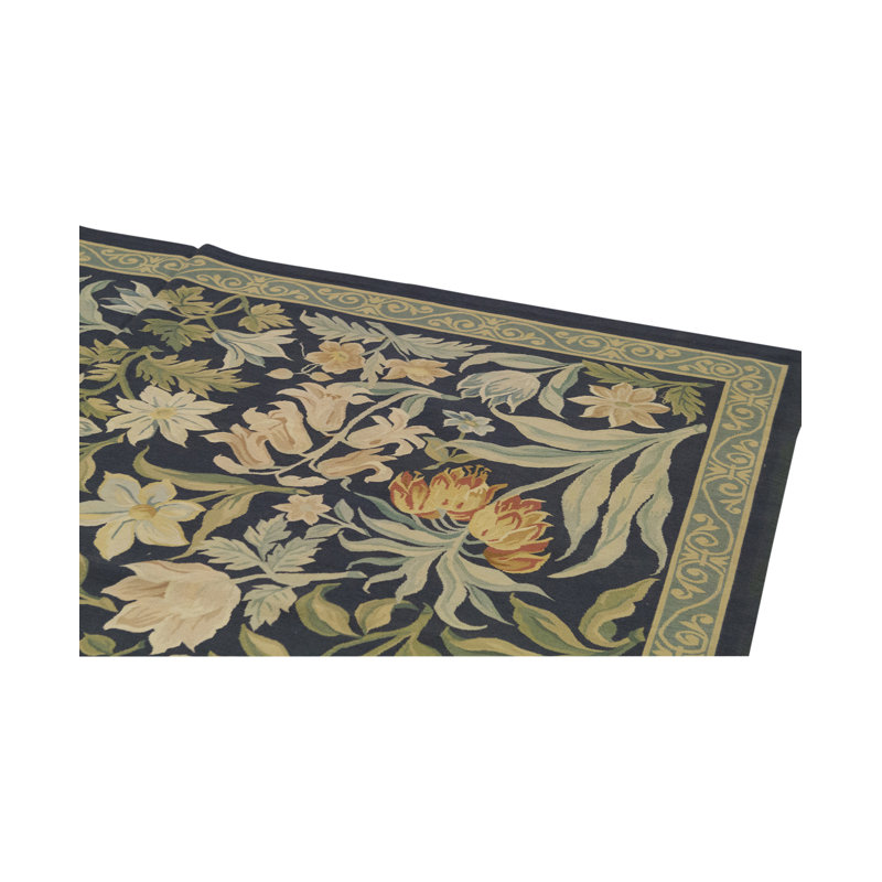 Hand-Knotted High-Quality Navy, Cream, and Green Area Rug